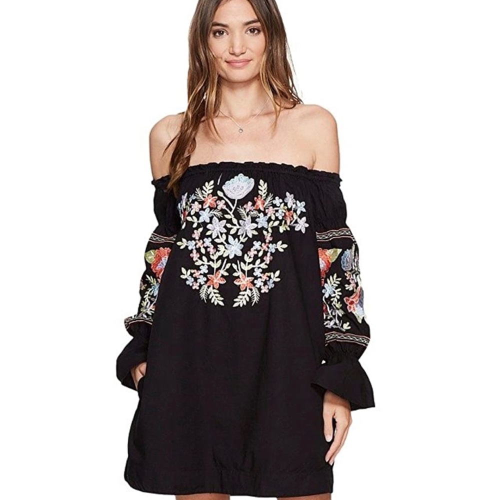 Free People Womens Fleur DU Jour Embroidered Bell Sleeves Mini Dress Black S